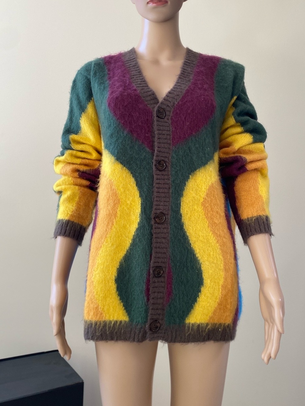 V-Neck Cardigan Market Multicolor Wave Knit Cardigan — Green, Yellow & Purple
